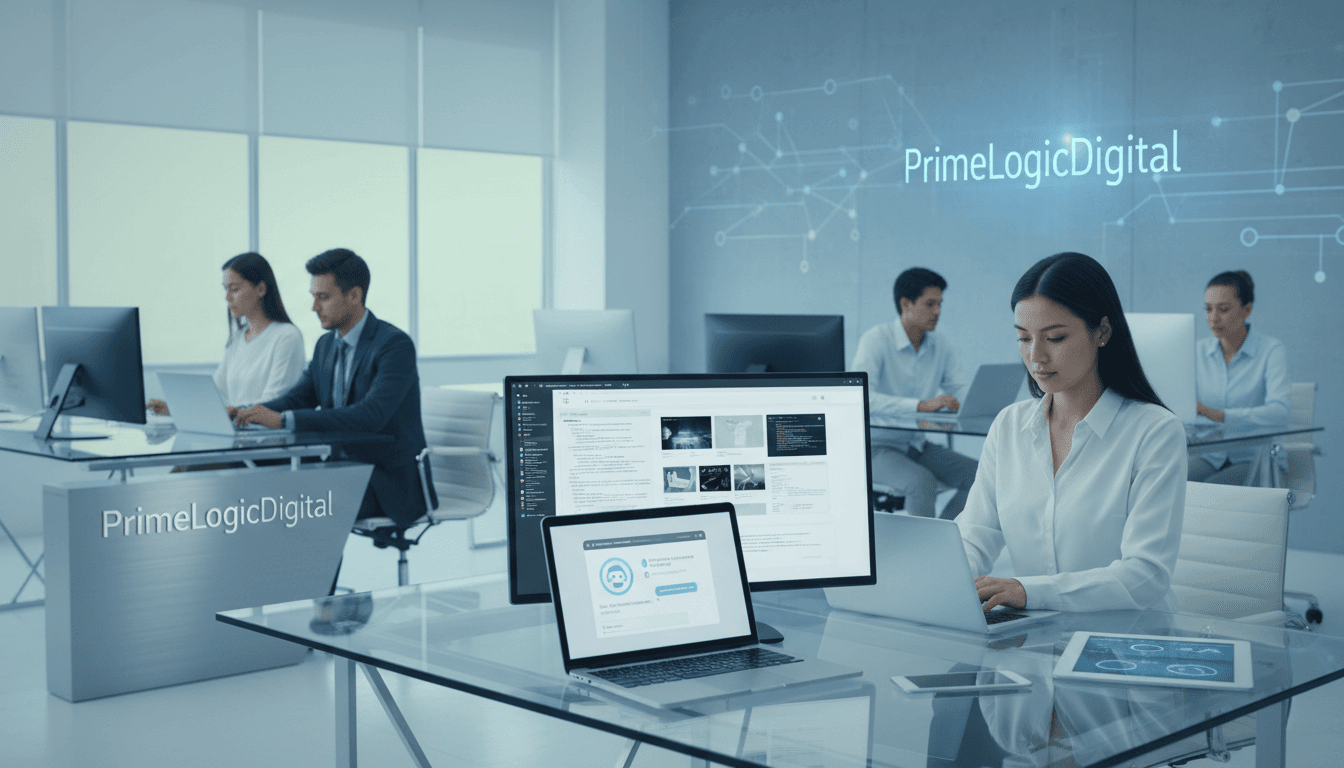 Smartphone displaying AI Receptionist call in a modern office setting.