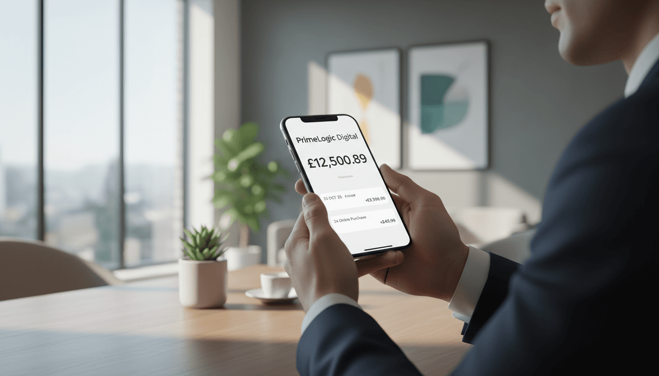 Professional hands holding smartphone displaying banking dashboard with account balance and transaction details in natural daylight