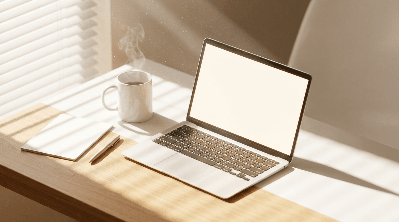 Laptop displaying a clean website on a modern desk with a smartphone and coffee