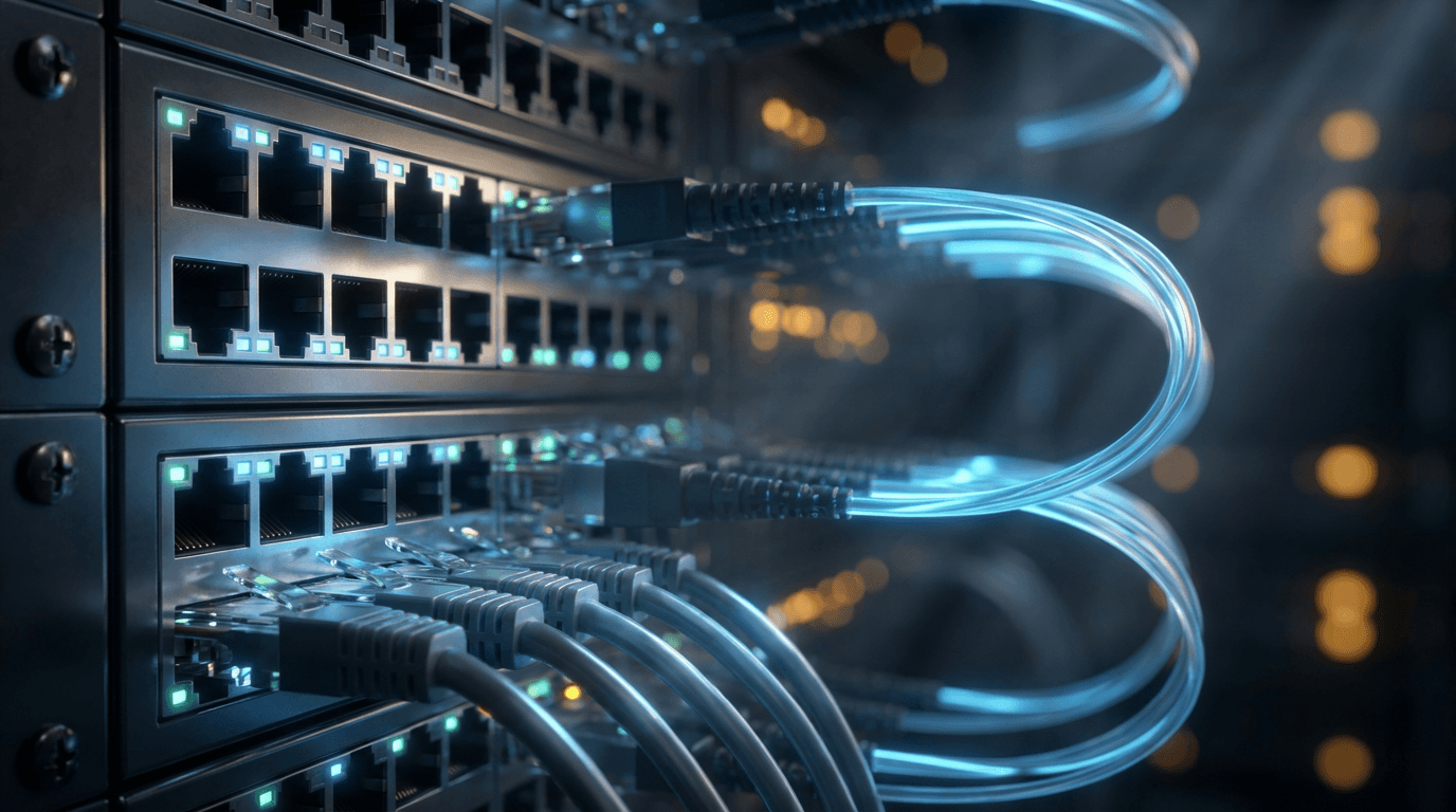 Modern server rack with indicator lights in a clean data center
