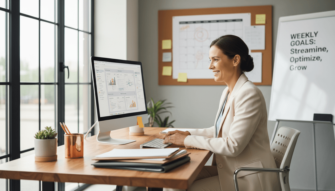 Small business owner smiling at a modern desk in a bright office space