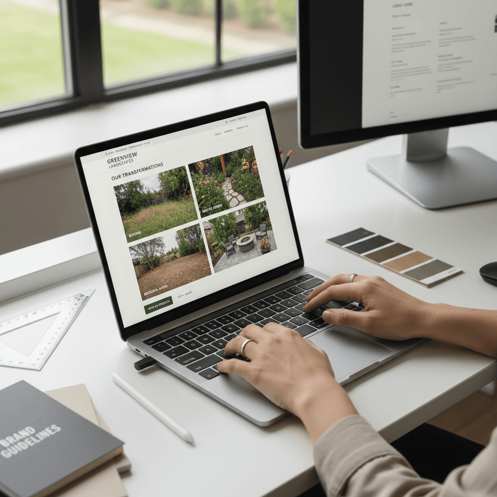 Designer's hands at laptop showing landscaping website mockup with portfolio images and brand materials on minimalist desk