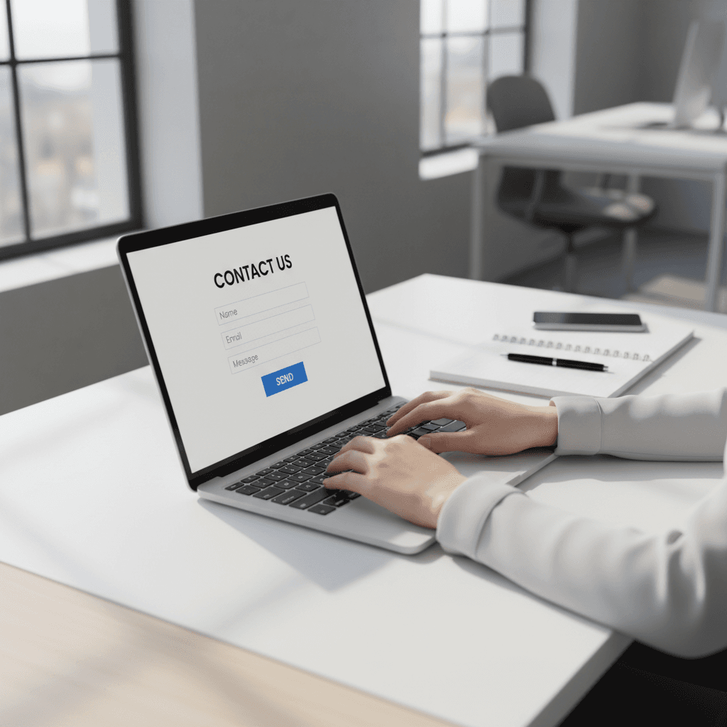 Laptop screen showing a completed contact form being submitted