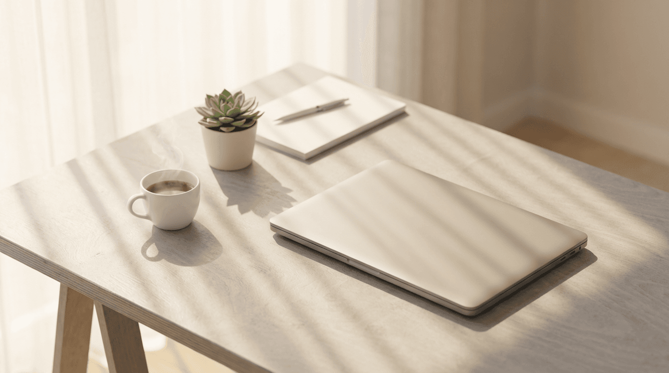Clean and uncluttered home office desk with a laptop and lamp