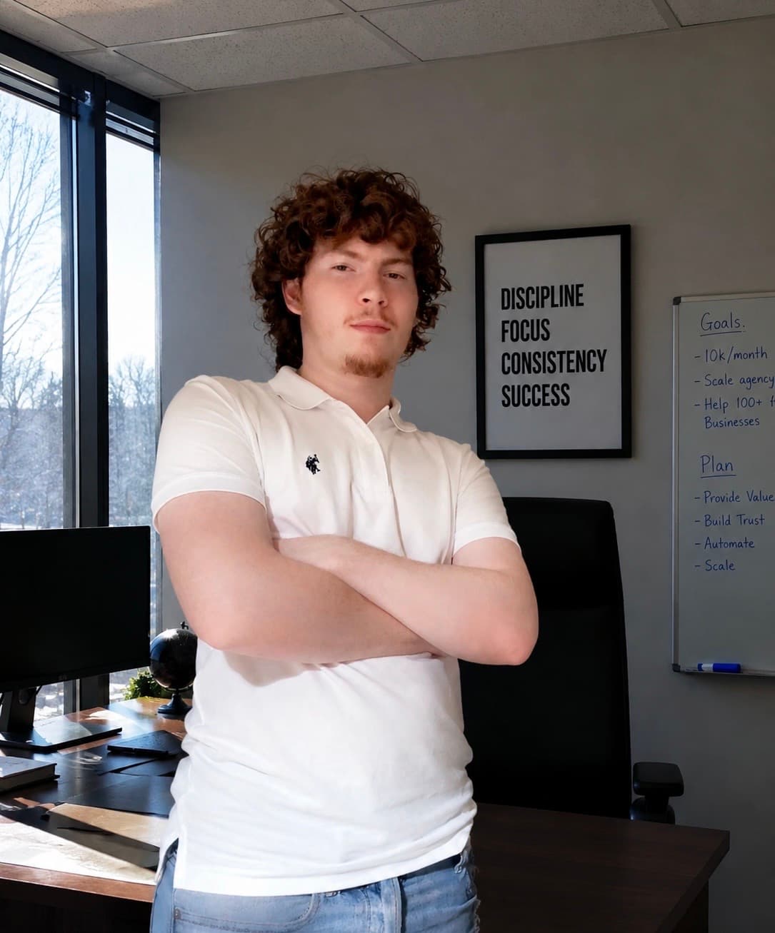 Young man in a white polo stands with arms crossed in a bright office.