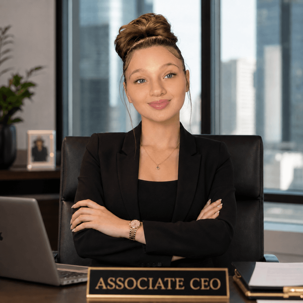 Young woman in a black blazer sitting at a desk with an Associate CEO nameplate.